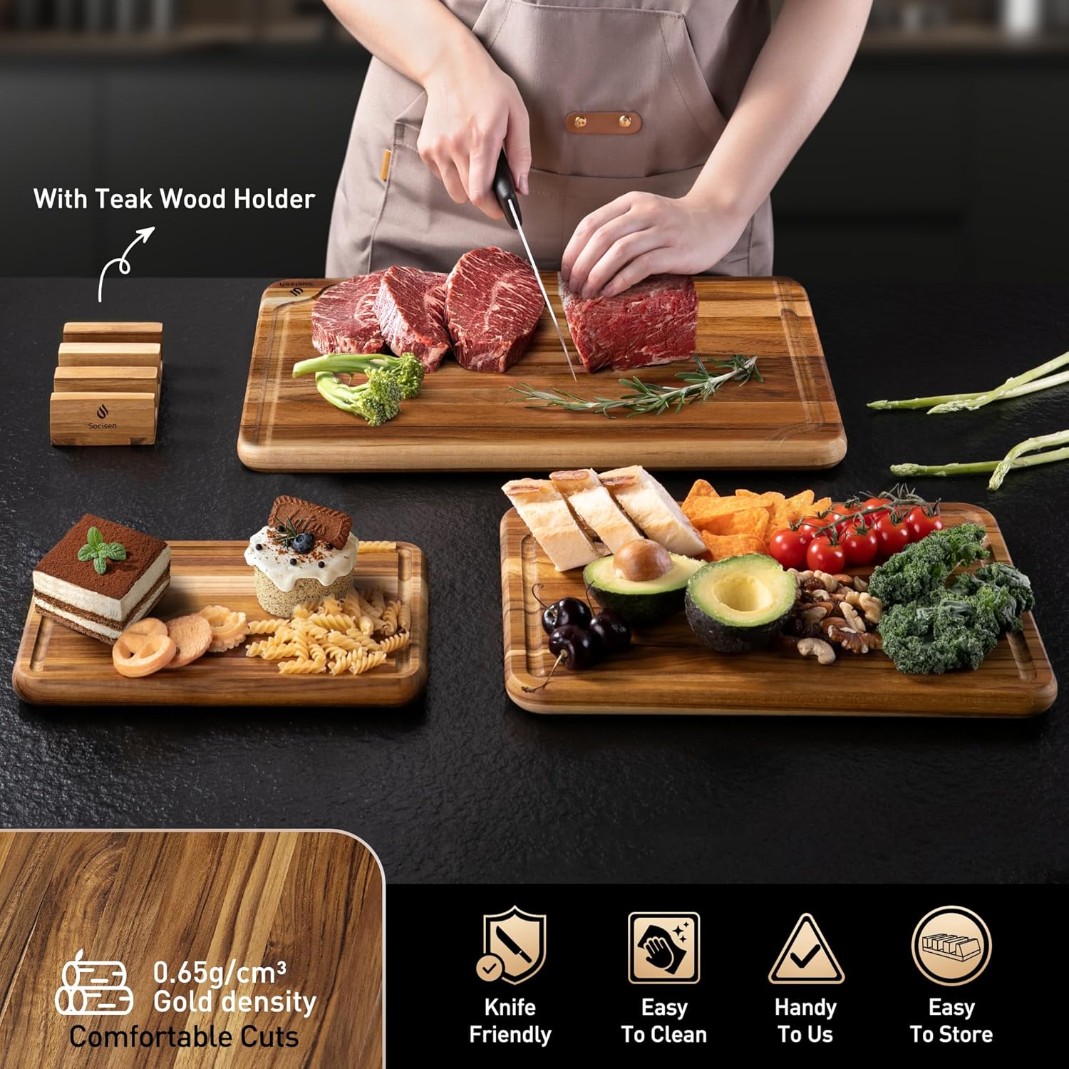 3 Pack Teak Wood Cutting Board Set for Kitchen Charcuterie Board Serving Heavy Duty Non Toxic Slip Over Sink Solid Thick Haus Wooden Chopping Board Large Big Small Meat Best Kitchen Mother Gift - Image 5