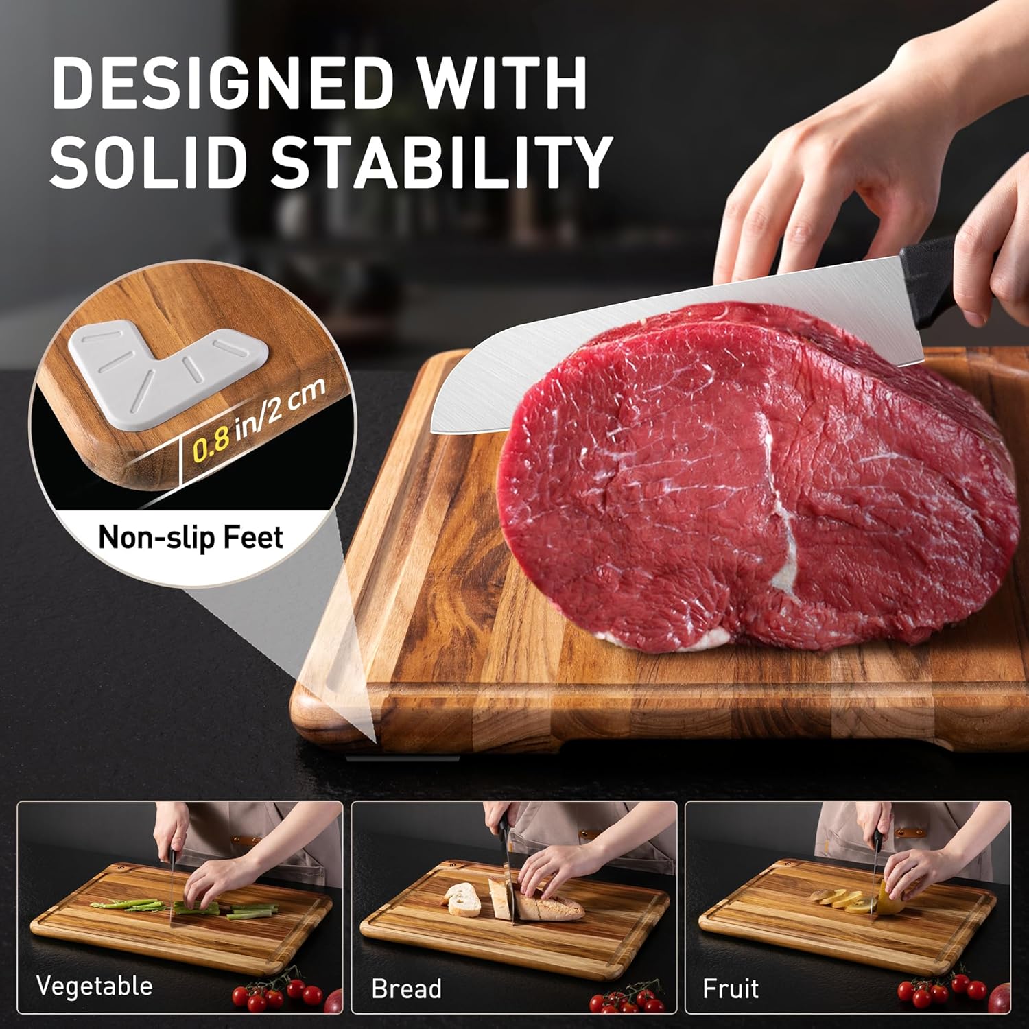 3 Pack Teak Wood Cutting Board Set for Kitchen Charcuterie Board Serving Heavy Duty Non Toxic Slip Over Sink Solid Thick Haus Wooden Chopping Board Large Big Small Meat Best Kitchen Mother Gift - Image 6
