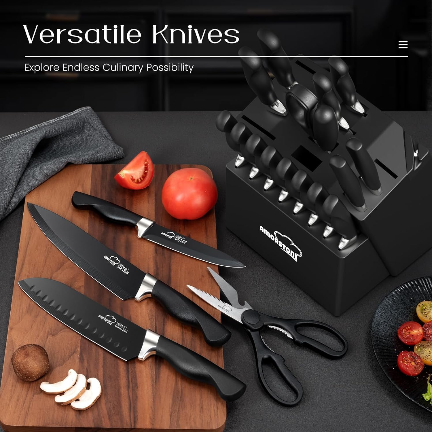 Knife Set, Amorston 21 Pieces Kitchen Knife Set with Block and Sharpener, Ultra-Sharp Knives Set with Ergonomic Handles, Black German Stainless Steel Knife Block Set, Dishwasher Safe - Image 3
