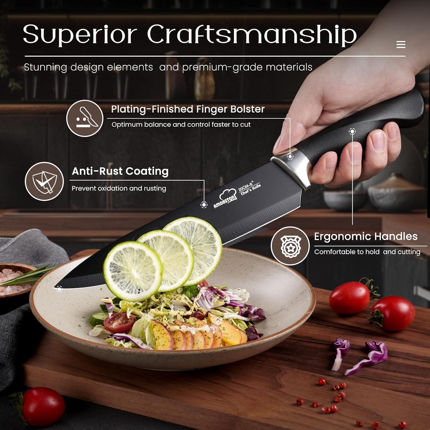 Knife Set, Amorston 21 Pieces Kitchen Knife Set with Block and Sharpener, Ultra-Sharp Knives Set with Ergonomic Handles, Black German Stainless Steel Knife Block Set, Dishwasher Safe - Image 4