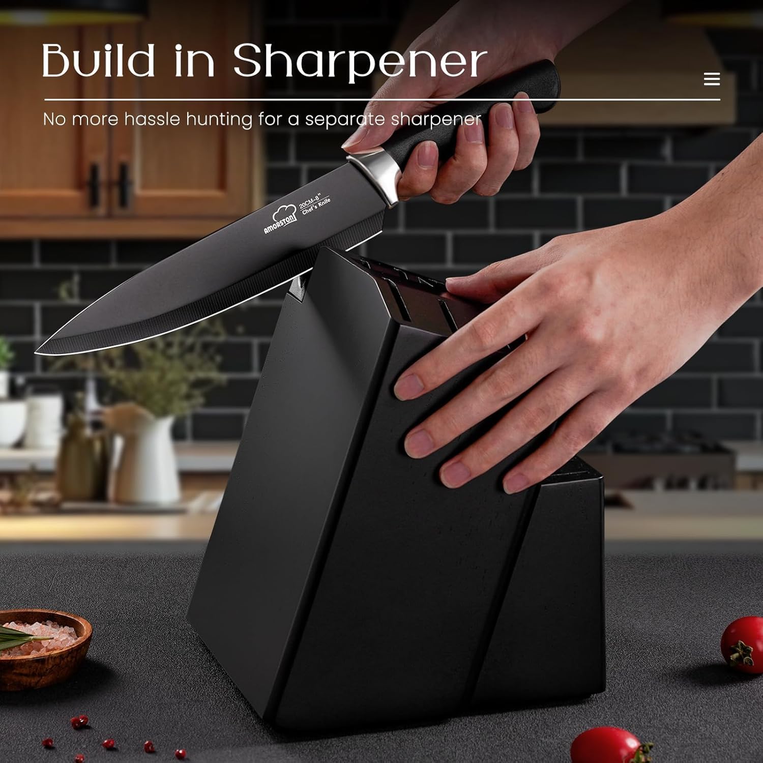 Knife Set, Amorston 21 Pieces Kitchen Knife Set with Block and Sharpener, Ultra-Sharp Knives Set with Ergonomic Handles, Black German Stainless Steel Knife Block Set, Dishwasher Safe - Image 5