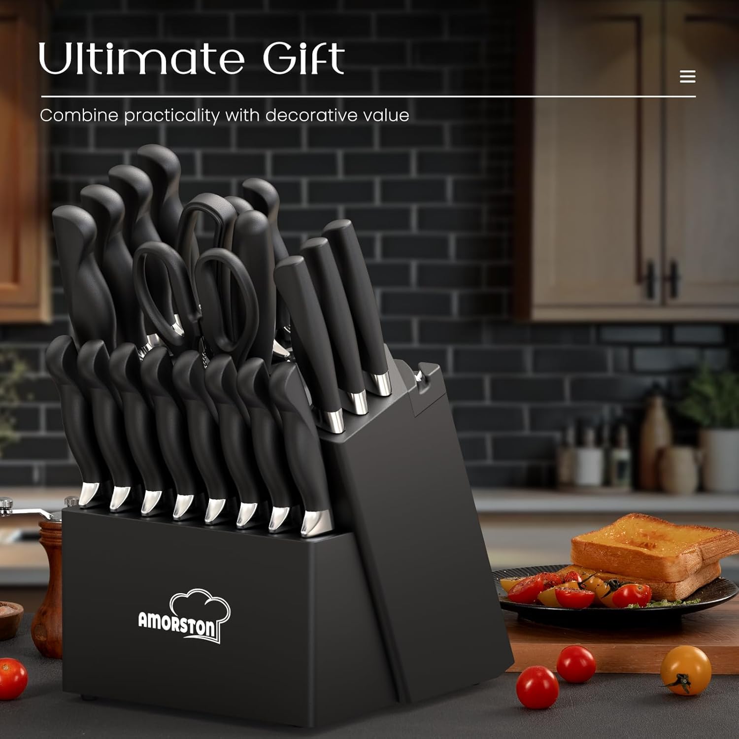Knife Set, Amorston 21 Pieces Kitchen Knife Set with Block and Sharpener, Ultra-Sharp Knives Set with Ergonomic Handles, Black German Stainless Steel Knife Block Set, Dishwasher Safe - Image 7