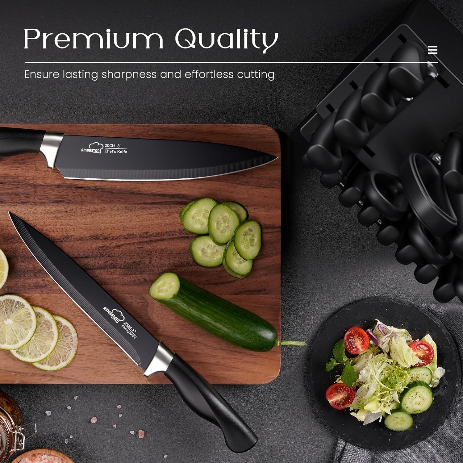 Knife Set, Amorston 21 Pieces Kitchen Knife Set with Block and Sharpener, Ultra-Sharp Knives Set with Ergonomic Handles, Black German Stainless Steel Knife Block Set, Dishwasher Safe - Image 8