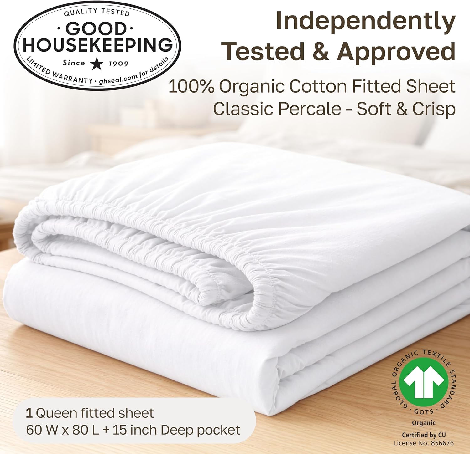 California Design Den 100% Organic Cotton Fitted Sheet Queen Size Only - Percale Queen Deep Pocket Fitted Sheet, Lightweight, Snug-Fit, Crisp, Durable - White - Image 3